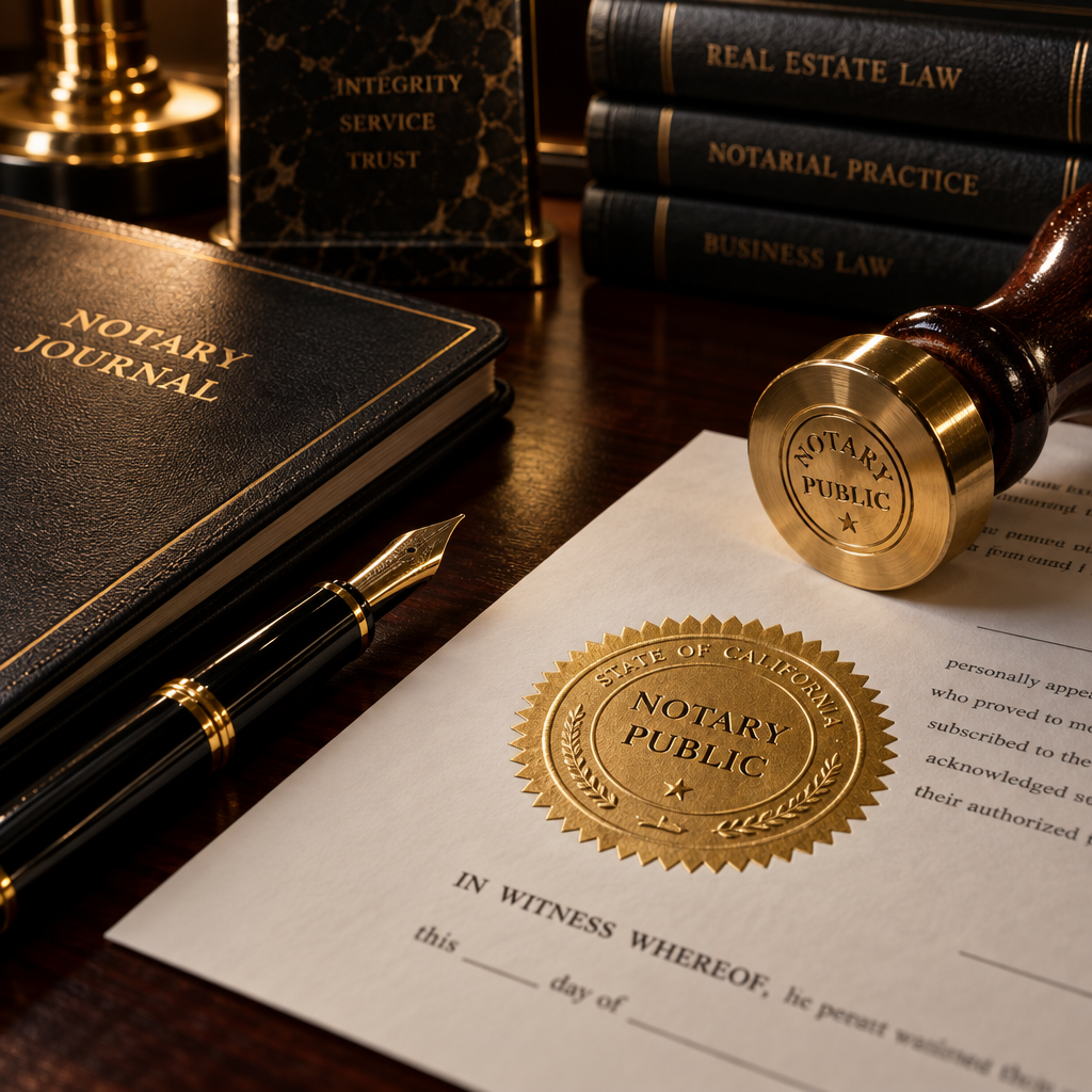 Notary public gold embossed seal stamp on official legal document