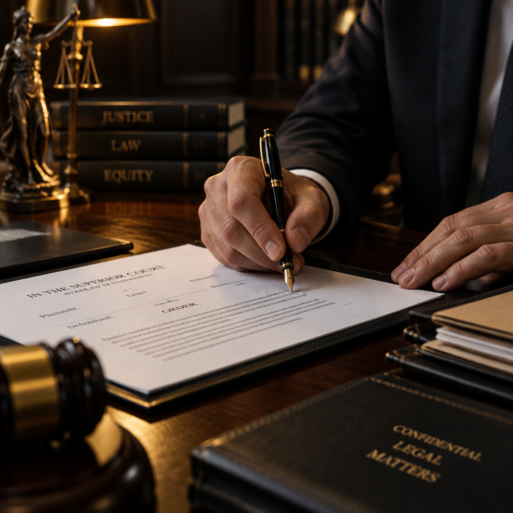 Legal professional signing an official court document
