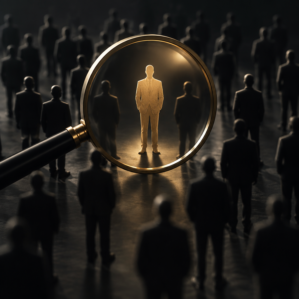 Magnifying glass highlighting a single figure among many — skip tracing investigation